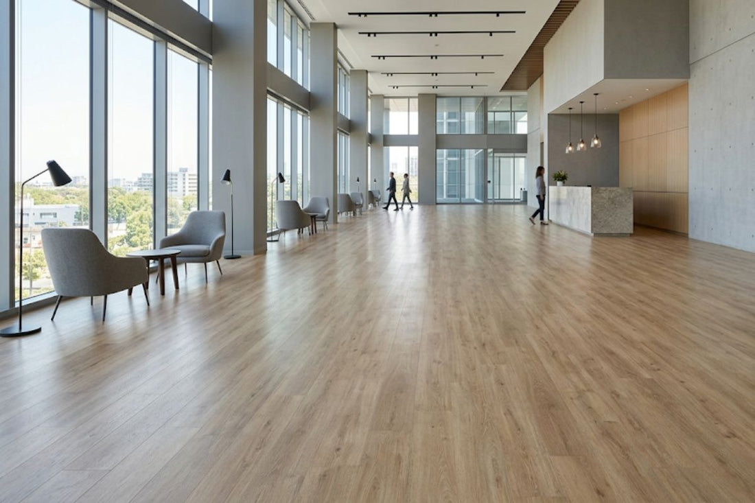 Luxury vinyl tile flooring in wood-look finish in a modern Columbus office lobby