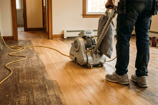 Professional hardwood floor sanding during a floor repair job in Columbus, Ohio