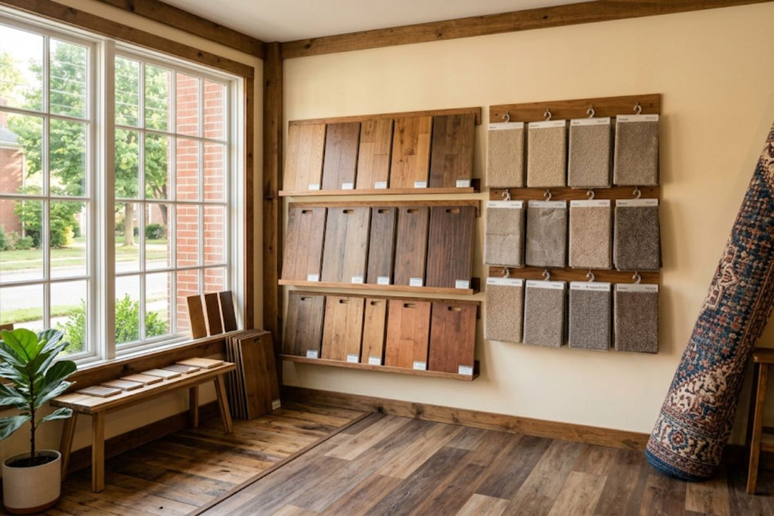 Small neighborhood flooring showroom with wood look and carpet samples in Columbus