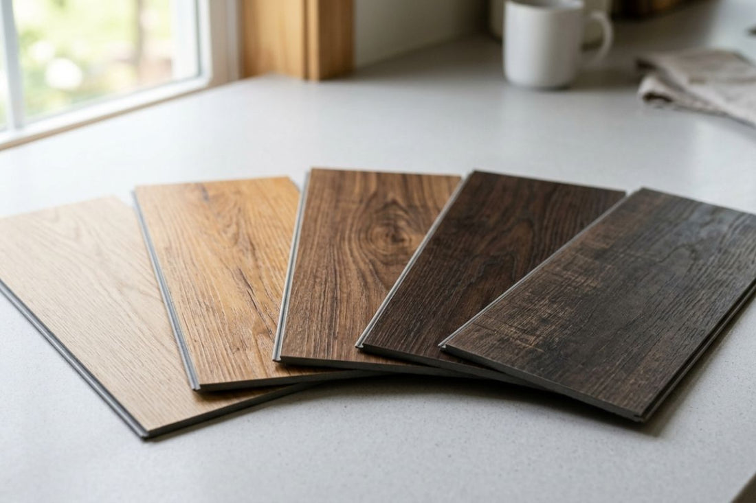 SPC vinyl plank flooring samples in different wood tones compared side by side