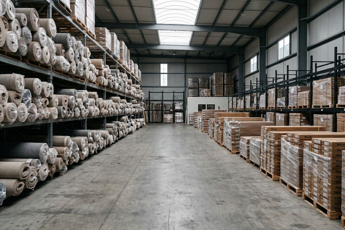 Flooring outlet warehouse with stacked carpet rolls and boxed hardwood and laminate