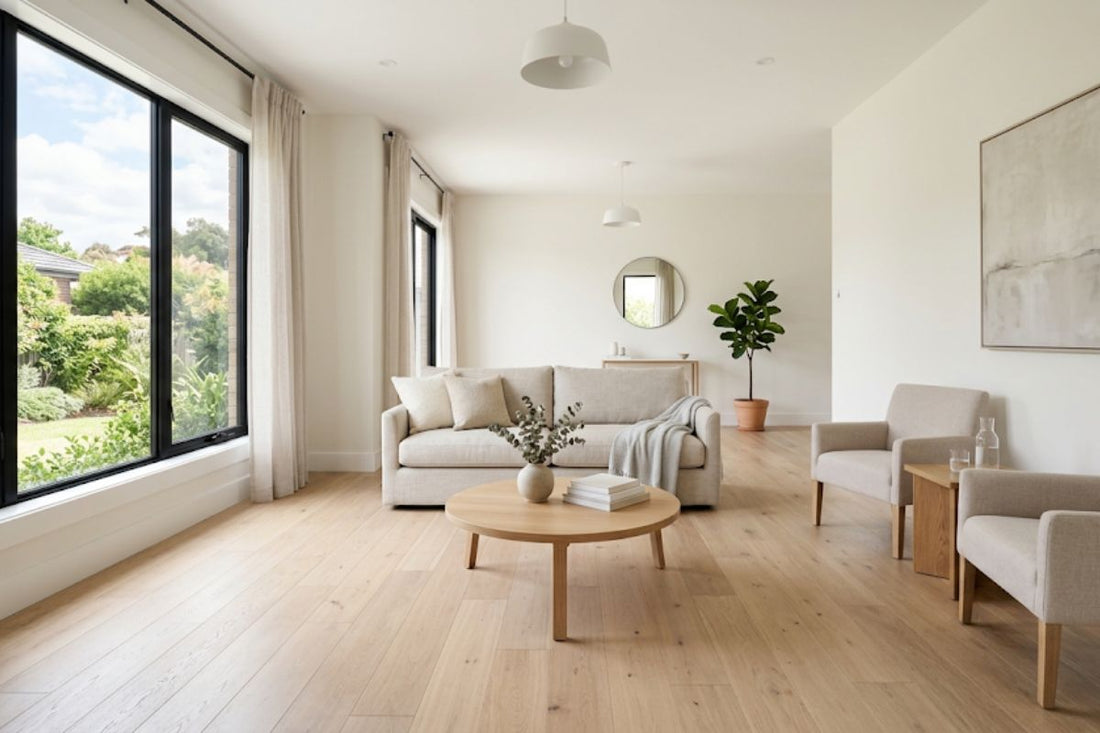 Bright staged living room with new light oak toned flooring and neutral furniture