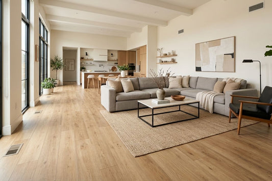Light oak SPC vinyl plank flooring installed in a modern Columbus, OH living room