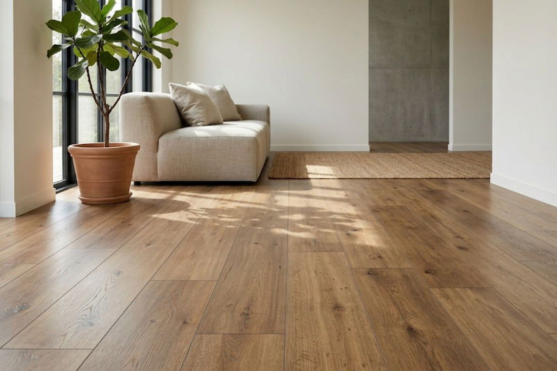 SPC waterproof vinyl plank flooring in oak wood-look finish in a bright Columbus living room