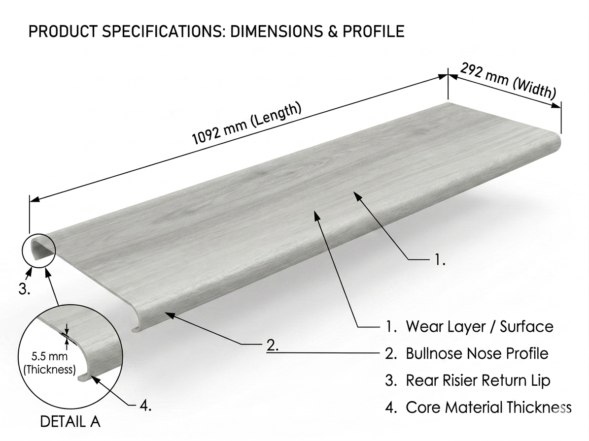 Glacier Oak Stairs Trade.                   Dimensions:     43.0 in × 11.5 in.            Thickness: 5.5mm