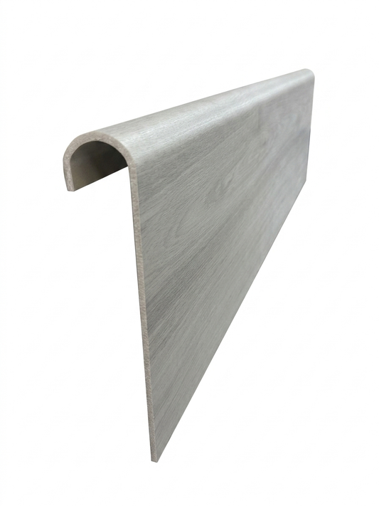 Glacier Oak Stairs Trade.                   Dimensions:     43.0 in × 11.5 in.            Thickness: 5.5mm