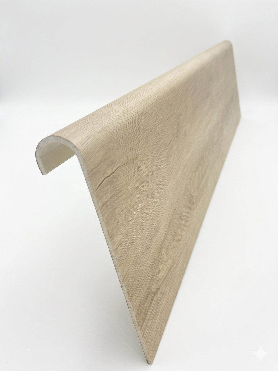 Greige Oak Stairs Trade.                        Dimension:43.0 in × 11.5 in.                 Thickness: 5.5mm